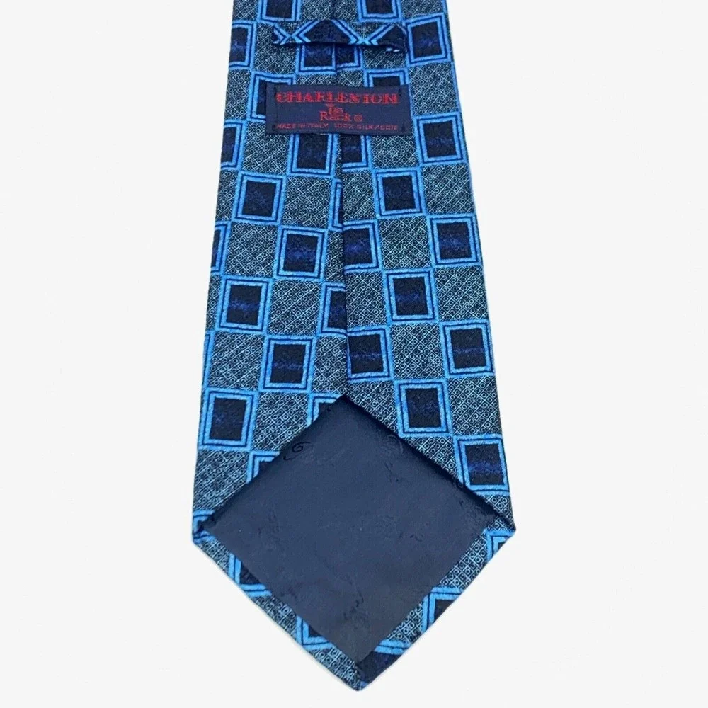 CHARLESTON Tie Rack Mens Blue Geometric 100% Silk Necktie Made in Italy